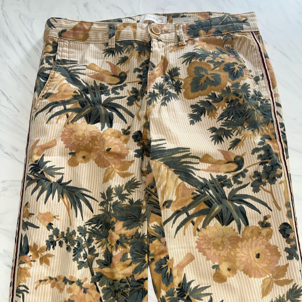Anthropologie relaxed chino straight Floral stripe pants bird palm 26 stretch - Picture 2 of 6